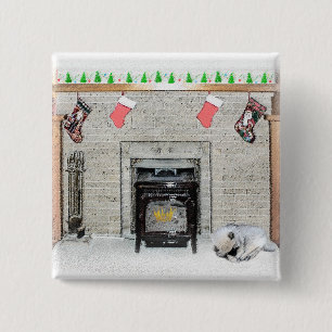 Keeshond jul Puppy Hund by Fireplace Painting Knapp