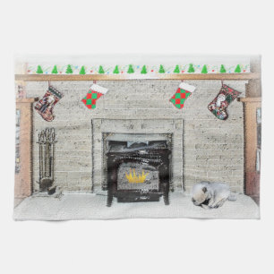 Keeshond jul Puppy Hund by Fireplace Painting Kökshandduk
