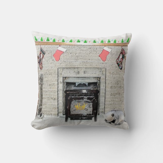 Keeshond jul Puppy Hund by Fireplace Painting Kudde (Framsida)