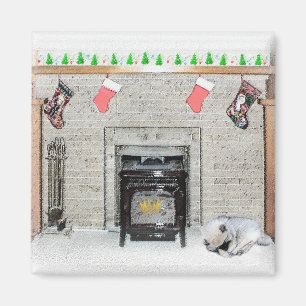 Keeshond jul Puppy Hund by Fireplace Painting Magnet