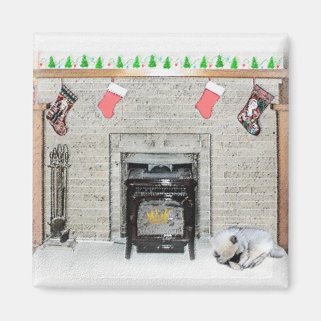 Keeshond jul Puppy Hund by Fireplace Painting Magnet (Framsidan)