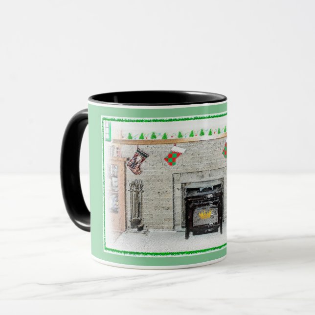 Keeshond jul Puppy Hund by Fireplace Painting Mugg (Framsida vänster)