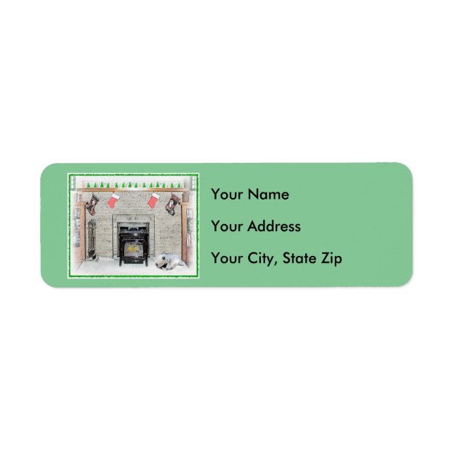 Keeshond jul Puppy Hund by Fireplace Painting Returadress Etikett (Framsidan)