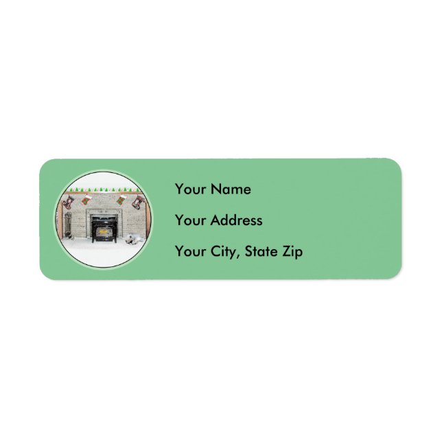 Keeshond jul Puppy Hund by Fireplace Painting Returadress Etikett (Framsidan)