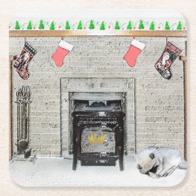 Keeshond jul Puppy Hund by Fireplace Painting Underlägg Papper Kvadrat (Framsidan)