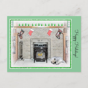 Keeshond jul Puppy Hund by Fireplace Painting Vykort