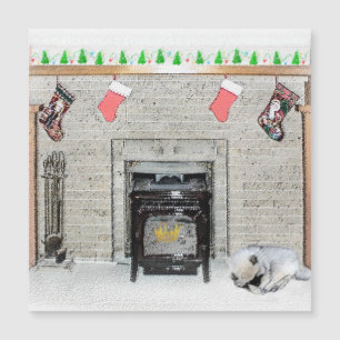 Keeshond Jul Valp Hund vid Öppen Spis Målning