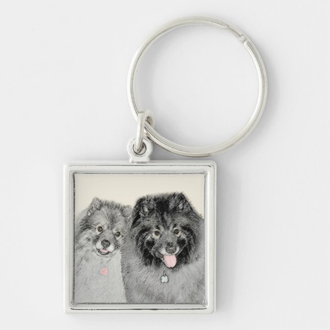 Keeshond Mamma och Son Painting - Original Hund Ar Fyrkantig Silverfärgad Nyckelring (Framsidan)