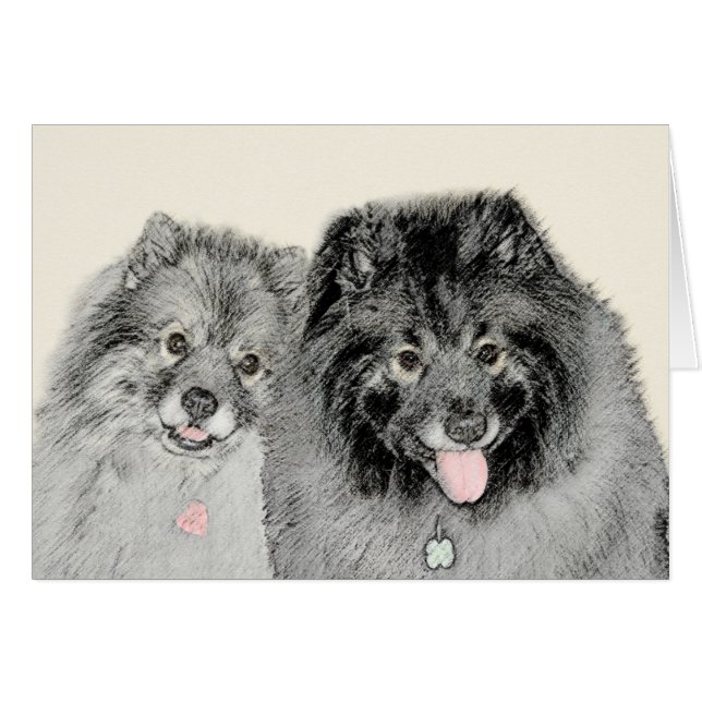 Keeshond Mamma och Son Painting - Original Hund Ar Hälsningskort (Framsidan Horizontal)