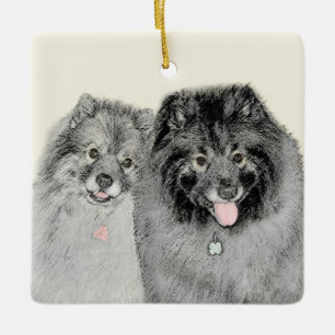 Keeshond Mamma och Son Painting - Original Hund Ar Julgransprydnad Keramik