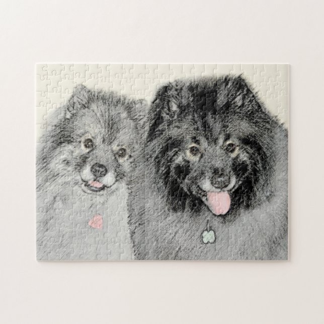 Keeshond Mamma och Son Painting - Original Hund Ar Pussel (Horisontell)