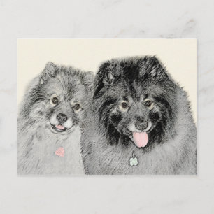Keeshond Mamma och Son Painting - Original Hund Ar Vykort