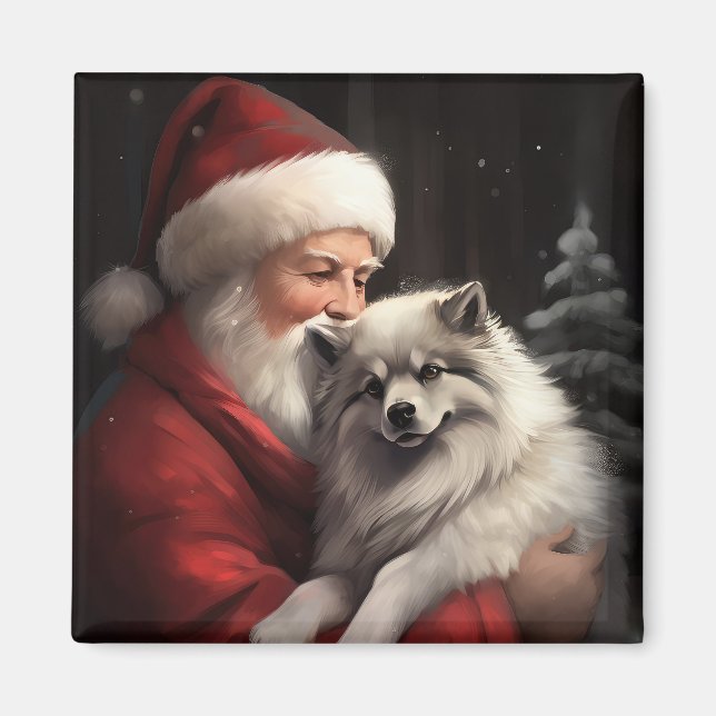 Keeshond med Tomte Julfirande Jul Magnet (Framsidan)