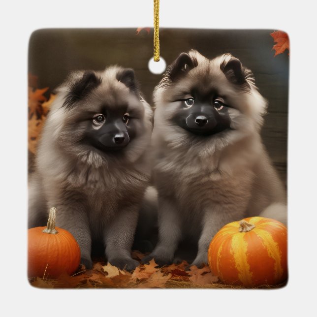 Keeshond Puppy Autumn Delight Pumpkin Julgransprydnad Keramik (Baksida)