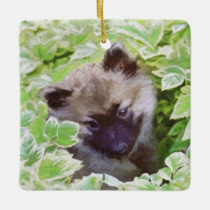 Keeshond Puppy i Garden Painting Original Art Julgransprydnad Keramik