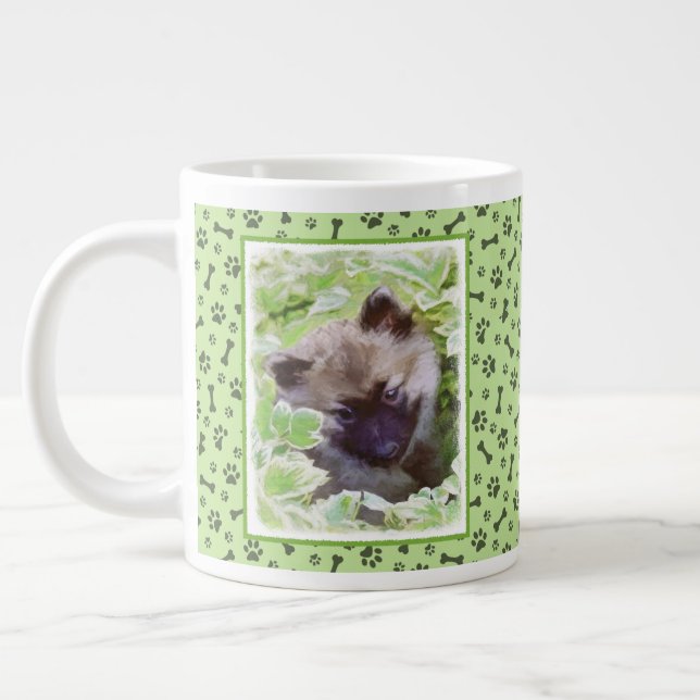Keeshond Puppy i Garden Painting Original Art Jumbo Mugg (Vänster)