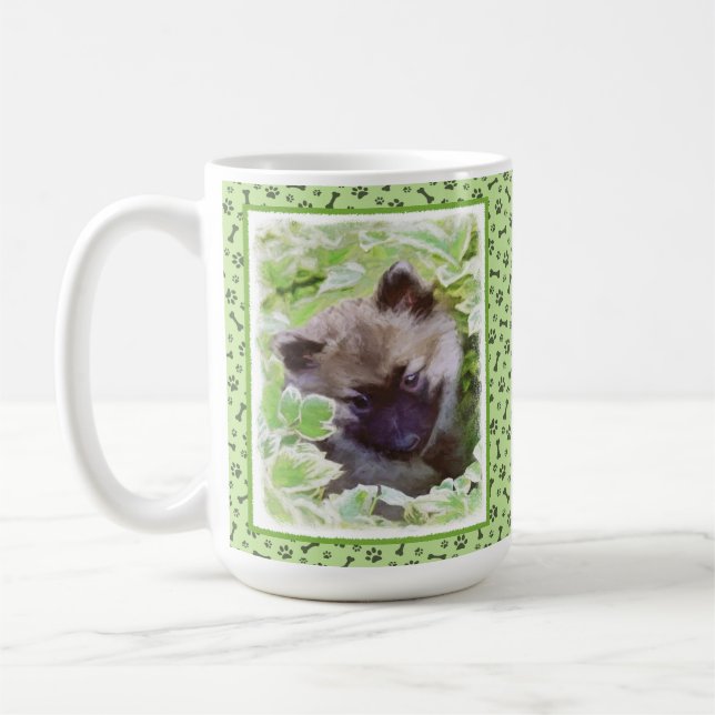 Keeshond Puppy i Garden Painting Original Art Kaffemugg (Vänster)