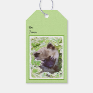 Keeshond Puppy i Garden Painting Original Art Presentetikett