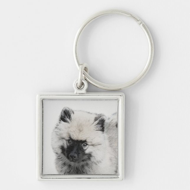 Keeshond Puppy Teckning - Cute Original Hund Art Fyrkantig Silverfärgad Nyckelring (Framsidan)