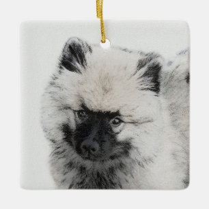 Keeshond Puppy Teckning - Cute Original Hund Art Julgransprydnad Keramik