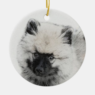 Keeshond Puppy Teckning - Cute Original Hund Art Julgransprydnad Keramik