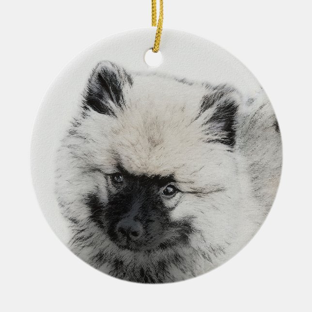 Keeshond Puppy Teckning - Cute Original Hund Art Julgransprydnad Keramik (Framsidan)