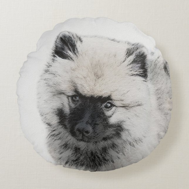 Keeshond Puppy Teckning - Cute Original Hund Art Rund Kudde (Framsidan)