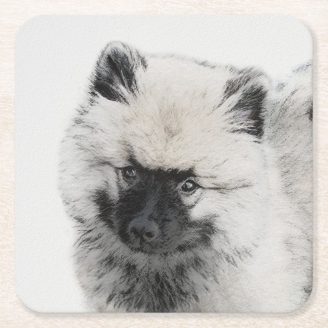 Keeshond Puppy Teckning - Cute Original Hund Art Underlägg Papper Kvadrat (Framsidan)