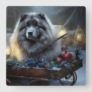Keeshond Snowy Sleigh-juldekalor Fyrkantig Klocka