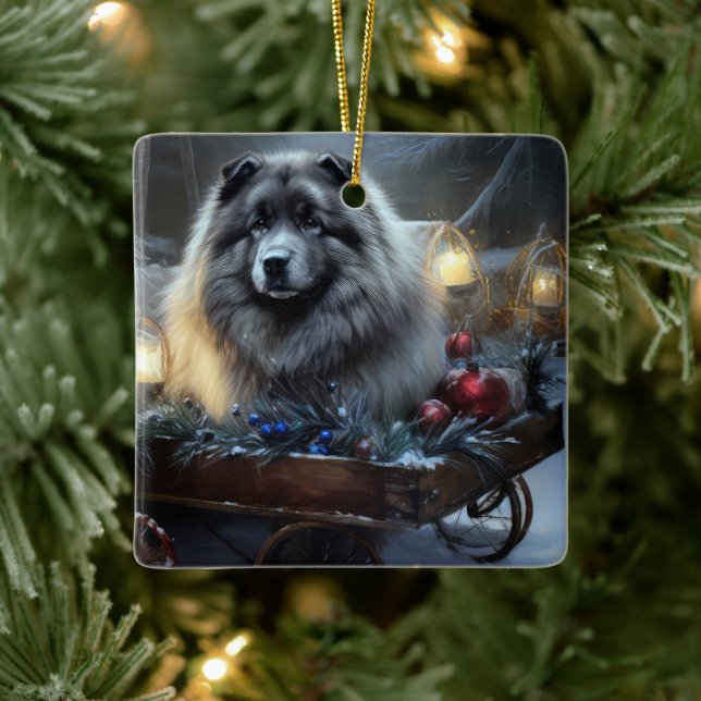Keeshond Snowy Sleigh-juldekalor Julgransprydnad Keramik (Träd)