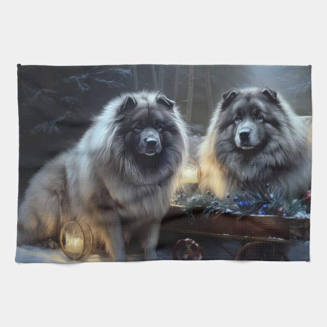 Keeshond Snowy Sleigh-juldekalor Kökshandduk (Horisontell)