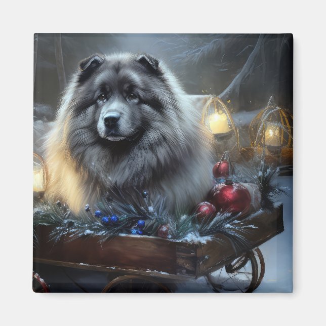 Keeshond Snowy Sleigh-juldekalor Magnet (Framsidan)
