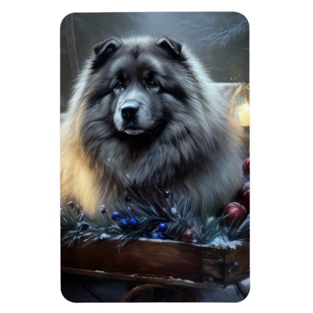Keeshond Snowy Sleigh-juldekalor Magnet (Vertikal)