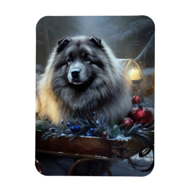 Keeshond Snowy Sleigh-juldekalor Magnet (Vertikal)