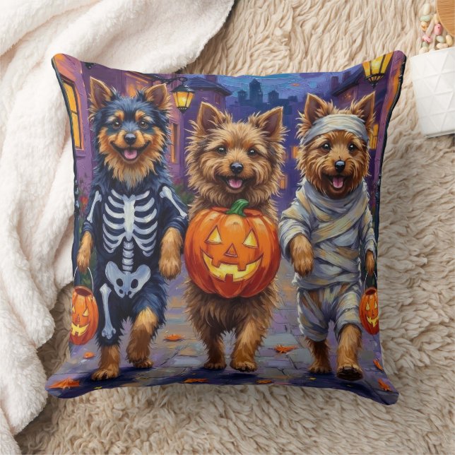 Keeshond som trick-or-treater i Halloween-kostymer Kudde (Filt)