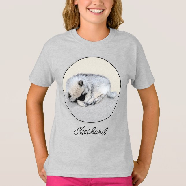 Keeshond Sovande Valp Målning Original Hund Konst T Shirt (Framsida)