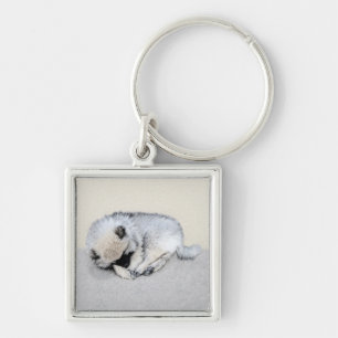 Keeshond Spip Puppy Painting Original Hund Art Fyrkantig Silverfärgad Nyckelring