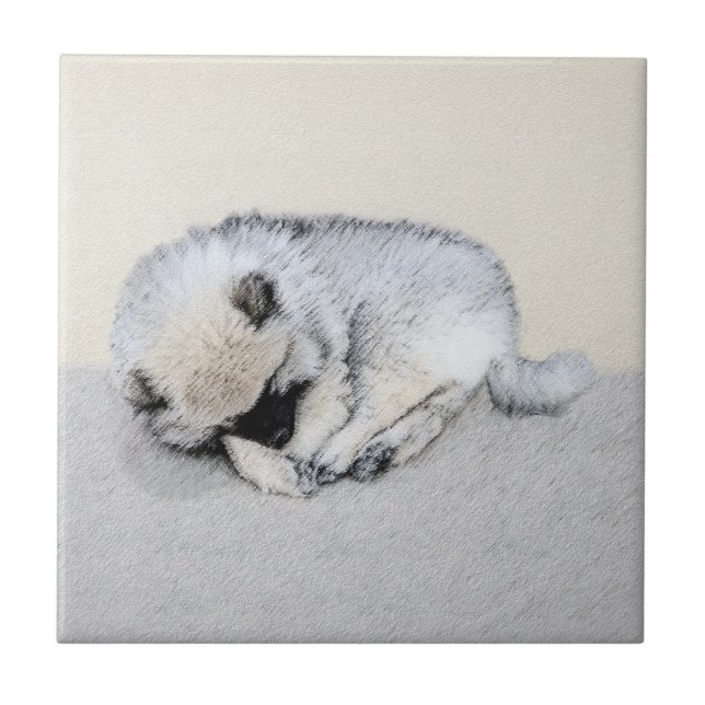 Keeshond Spip Puppy Painting Original Hund Art Kakelplatta (Framsidan)
