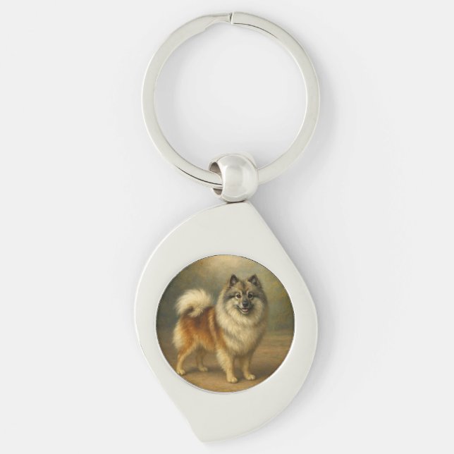 Keeshond Swirl Silverfärgad Nyckelring (Framsidan)