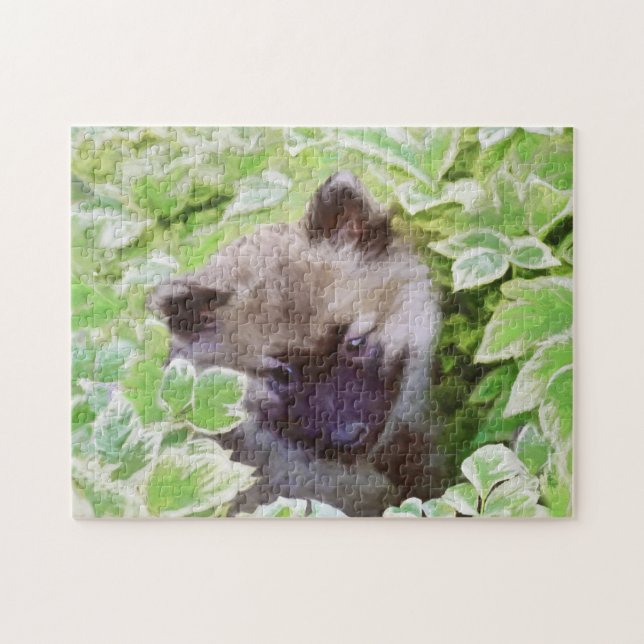 Keeshond-valp i trädgården Målning Original konst Pussel (Horisontell)