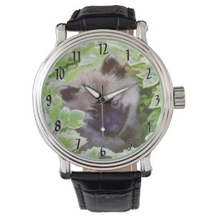 Keeshond-valp i trädgårdsmålning Original konst Armbandsur