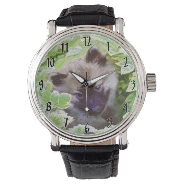 Keeshond-valp i trädgårdsmålning Original konst Armbandsur (Framsida)