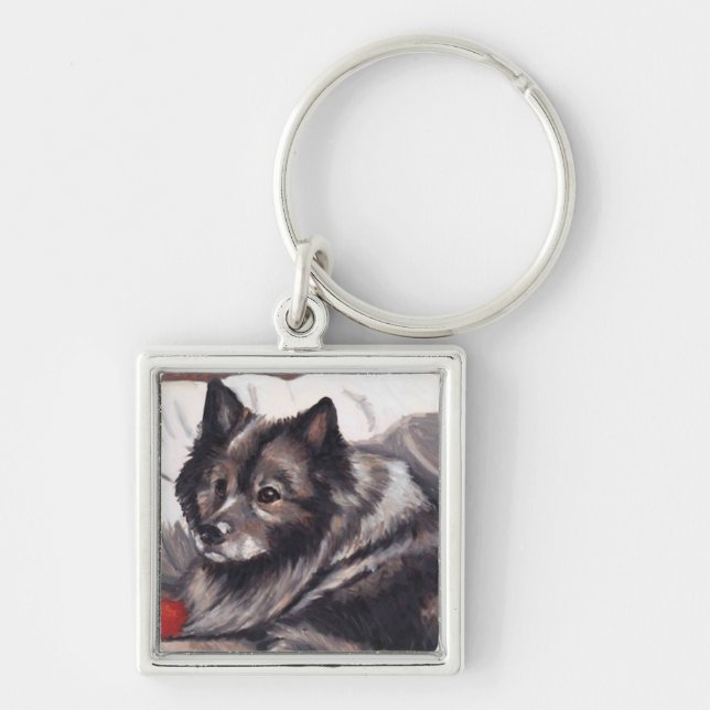 Keeshondhundkonst Keychain Fyrkantig Silverfärgad Nyckelring (Framsidan)