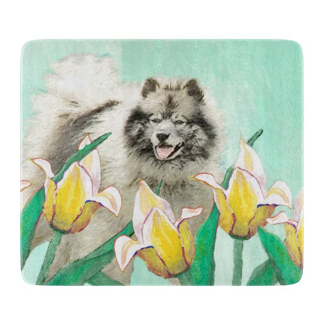 Keeshoni Tulips Painting Cute Original Hund Art (Framsidan)