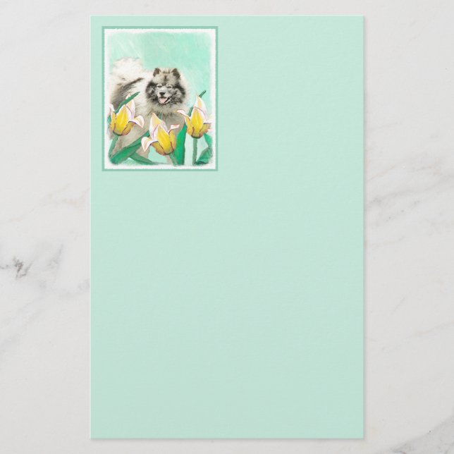 Keeshoni Tulips Painting Cute Original Hund Art Brevpapper (Framsida)