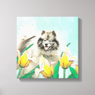 Keeshoni Tulips Painting Cute Original Hund Art Canvastryck