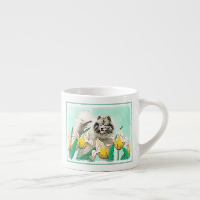 Keeshoni Tulips Painting Cute Original Hund Art Espressomugg (Höger)