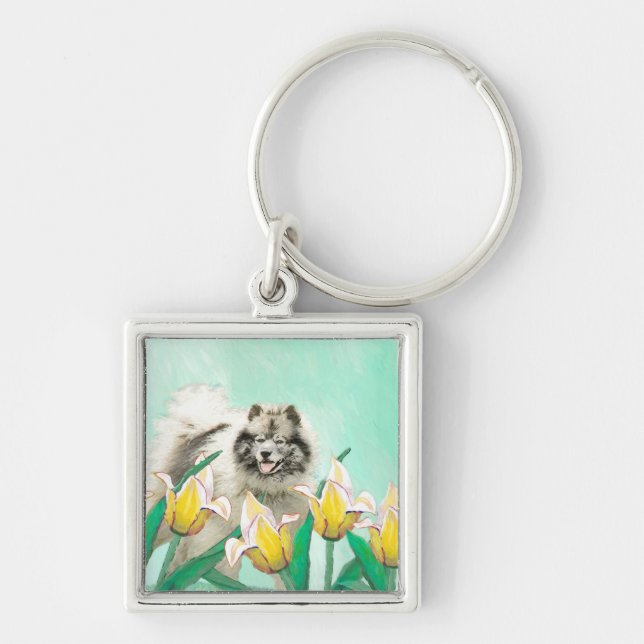 Keeshoni Tulips Painting Cute Original Hund Art Fyrkantig Silverfärgad Nyckelring (Framsidan)