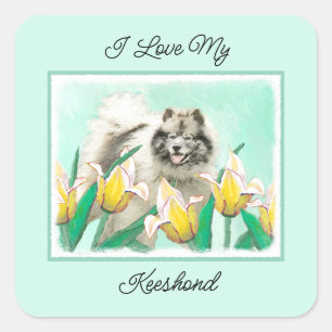 Keeshoni Tulips Painting Cute Original Hund Art Fyrkantigt Klistermärke