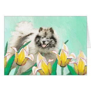 Keeshoni Tulips Painting Cute Original Hund Art Hälsningskort
